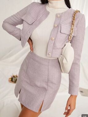 SHEIN Lilac Cropped Tweed Jacket & Tweed Mini Skirt